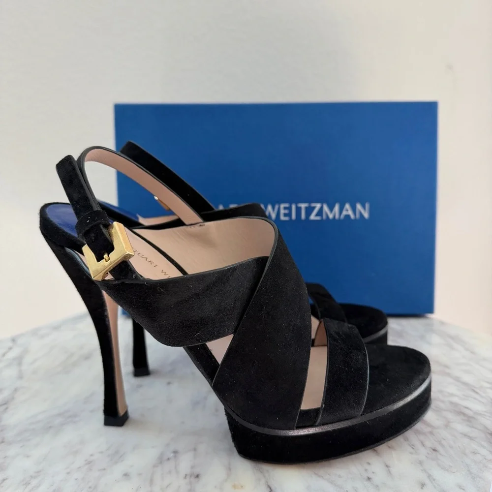 🖤 Stuart Weitzman Hester Strappy Black Suede Platform Stiletto Heels 6.5